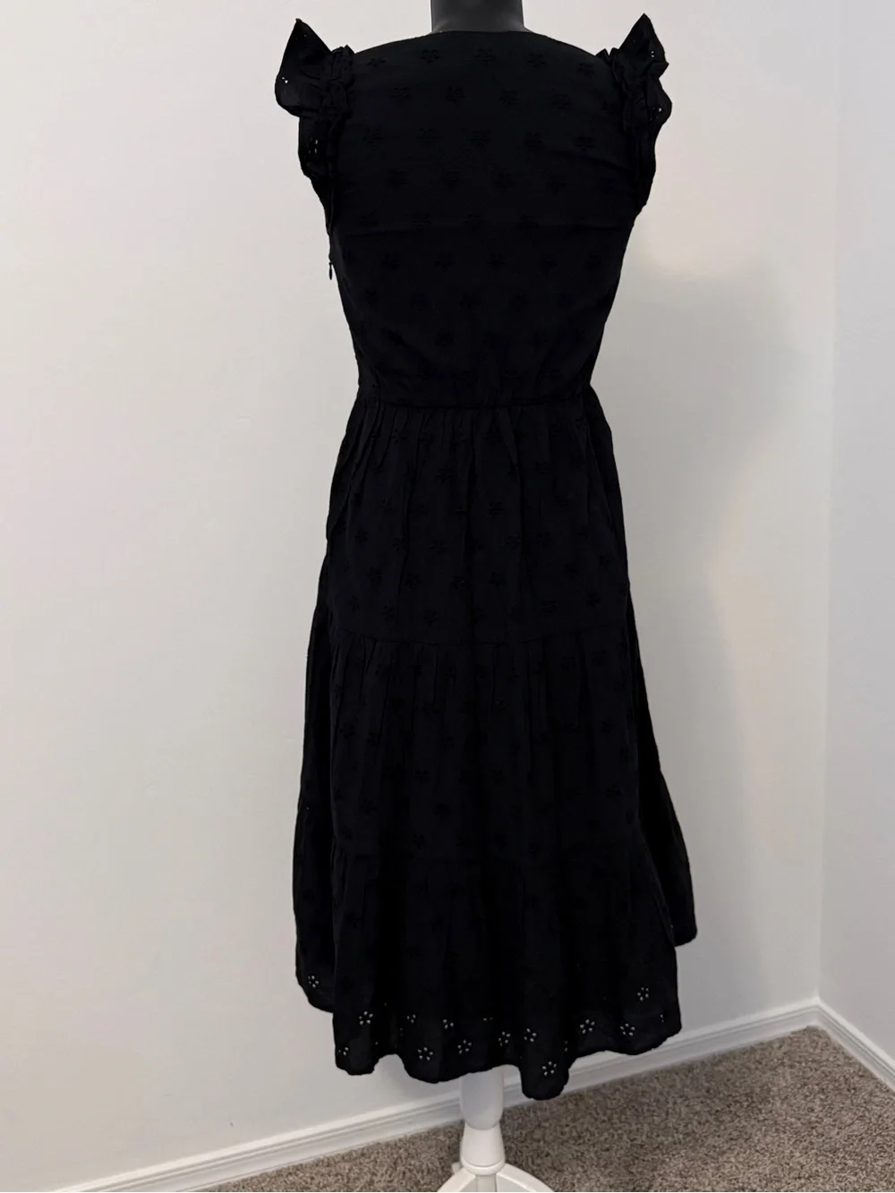 J. Crew Black Eyelet Tiered Midi Dress with Ruffle Sleeves Size 0